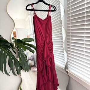 Red Ruffled Spaghetti-Strap Maxi Dress